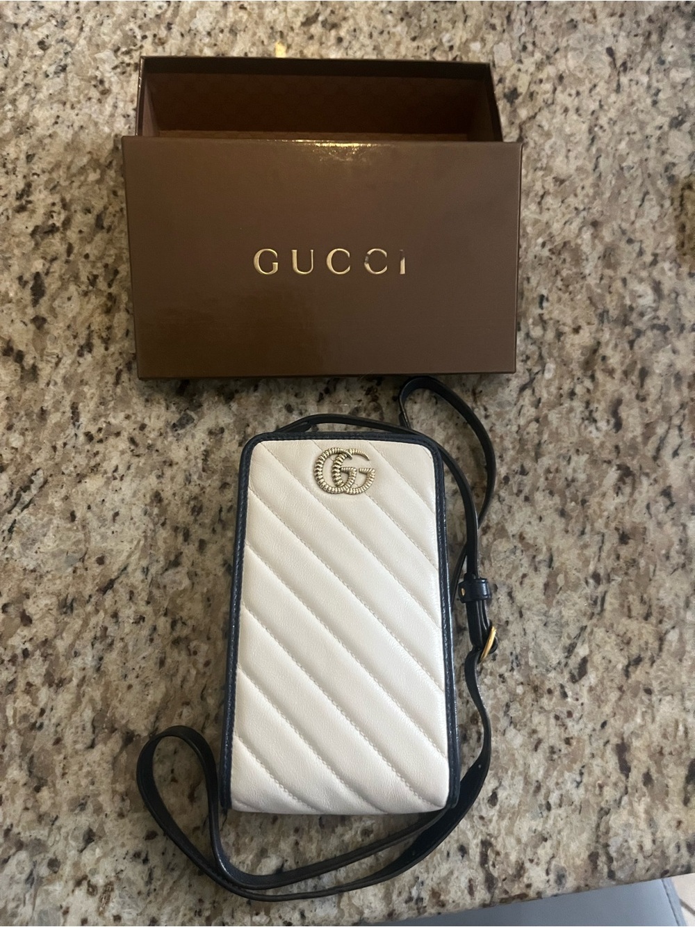 Gucci White Chevron Quilted Phone Crossbody with Black Trim and Gold GG